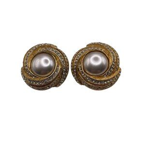 Faux Pearl Gold Tone Clear Pave Rhinestone Button Chunky Clip On Earrings  VTG